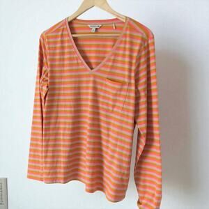 Toad & Co Womens Top L - Orange Pink Striped Colorful Long Sleeve V-Neck Shirt